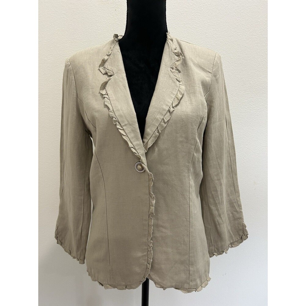 Peck & Peck M Blazer Jacket Beige 100% Linen Lined Ruffle Lagenlook 3/4 Sleeve